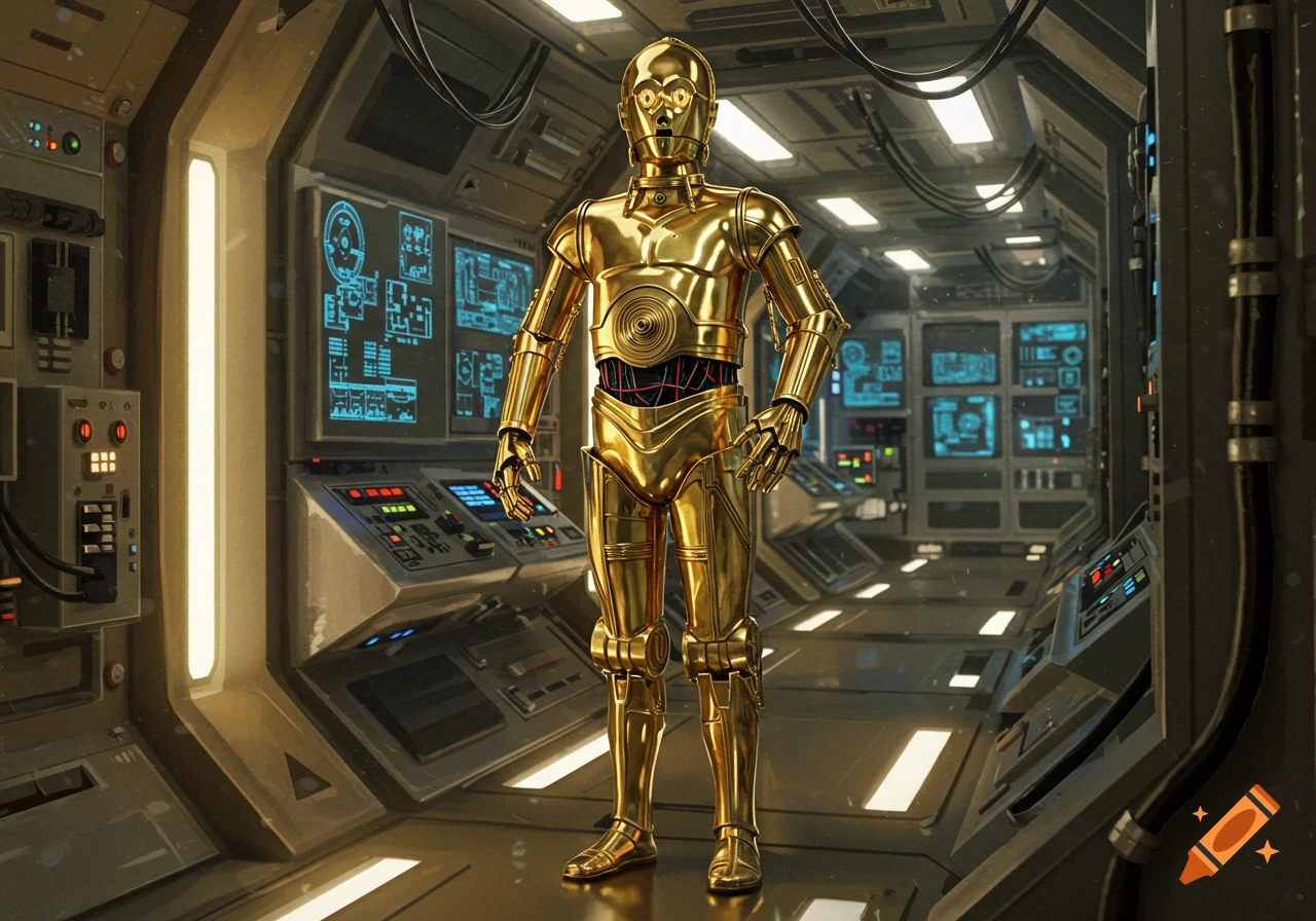 C-3PO stands in a detailed sci-fi spaceship corridor, looking forward.