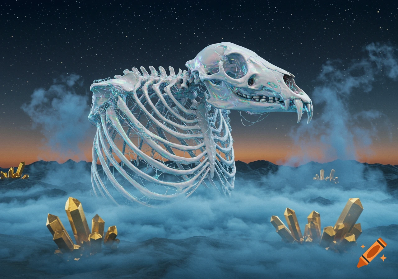 Iridescent animal skeleton rising from blue mist with golden crystals under a starry sky.