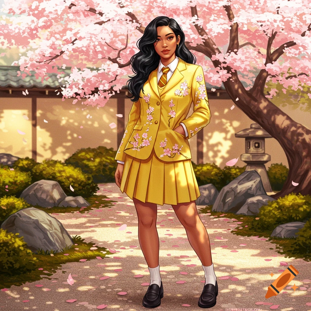 An illustrated young woman in a yellow Japanese school uniform with cherry blossoms, standing in a garden under a pink cherry blossom tree.