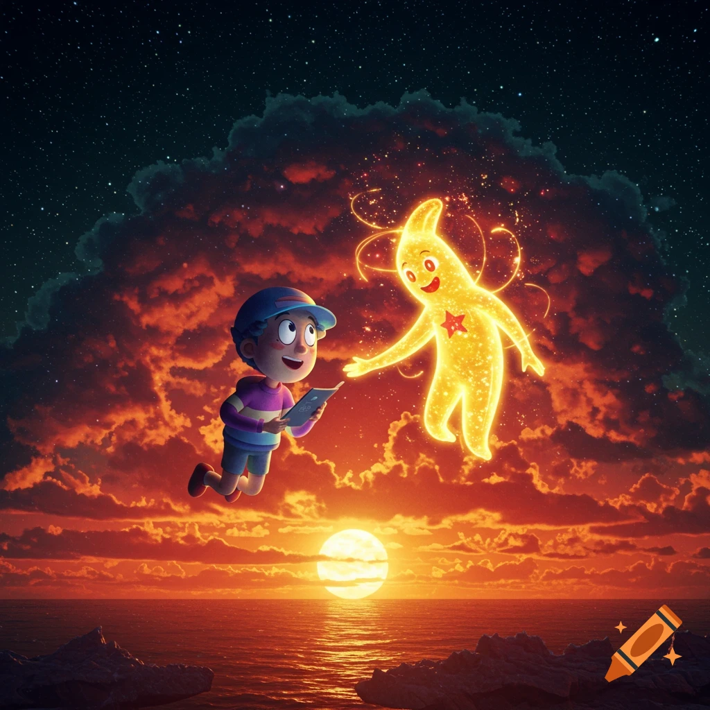 A cartoon boy floats above an ocean at sunset, looking up at a glowing, yellow, star-chested creature reaching out to him amid fiery clouds and a starry sky.