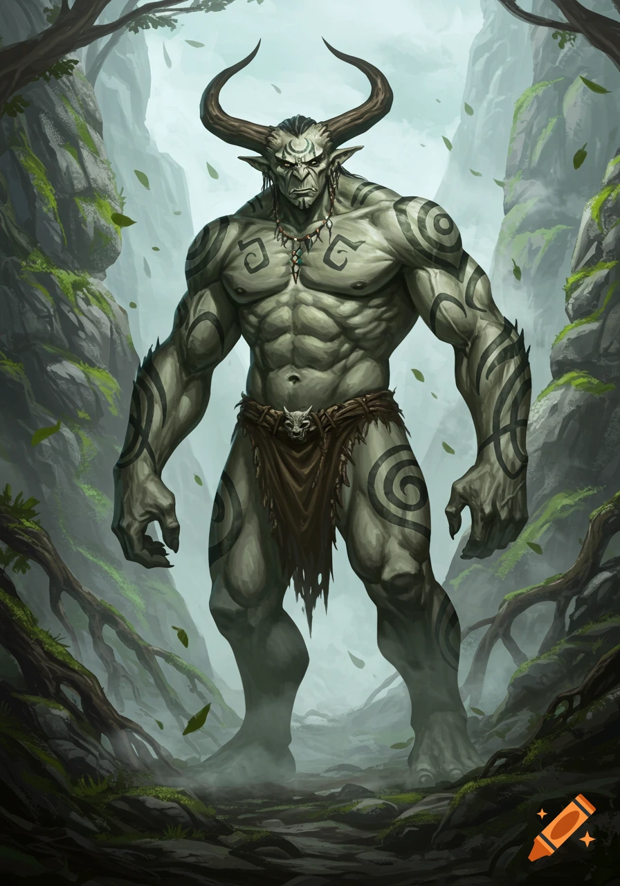 A powerful, muscular horned troll with tribal tattoos stands in a misty, mossy forest.