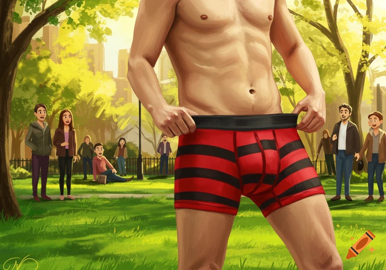 A cartoon man in red and black striped boxer briefs pulls down his pants in a sunny park as other people look on.