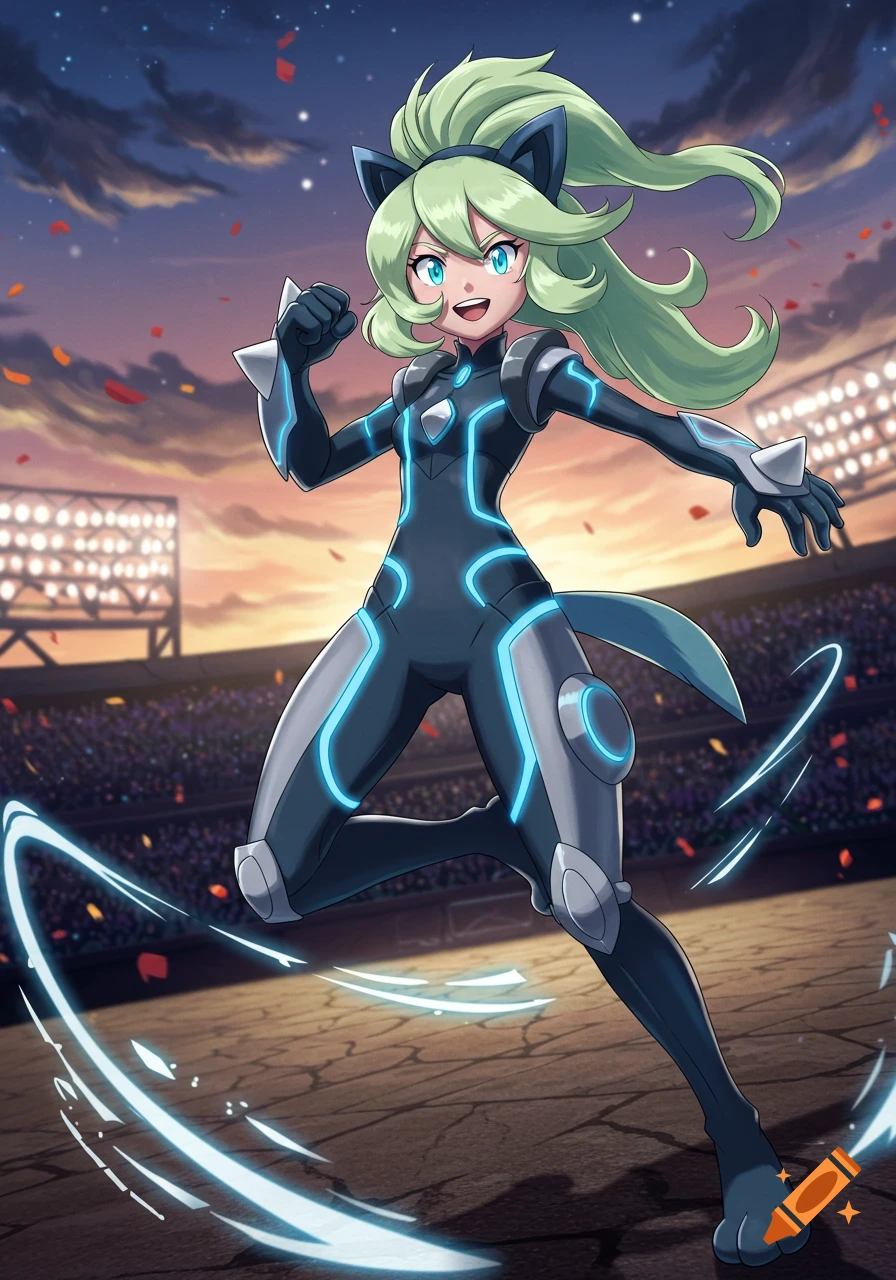 Anime style art of Korrina from Pokemon in a black and blue Lucario-themed suit, running in a stadium with light trails.