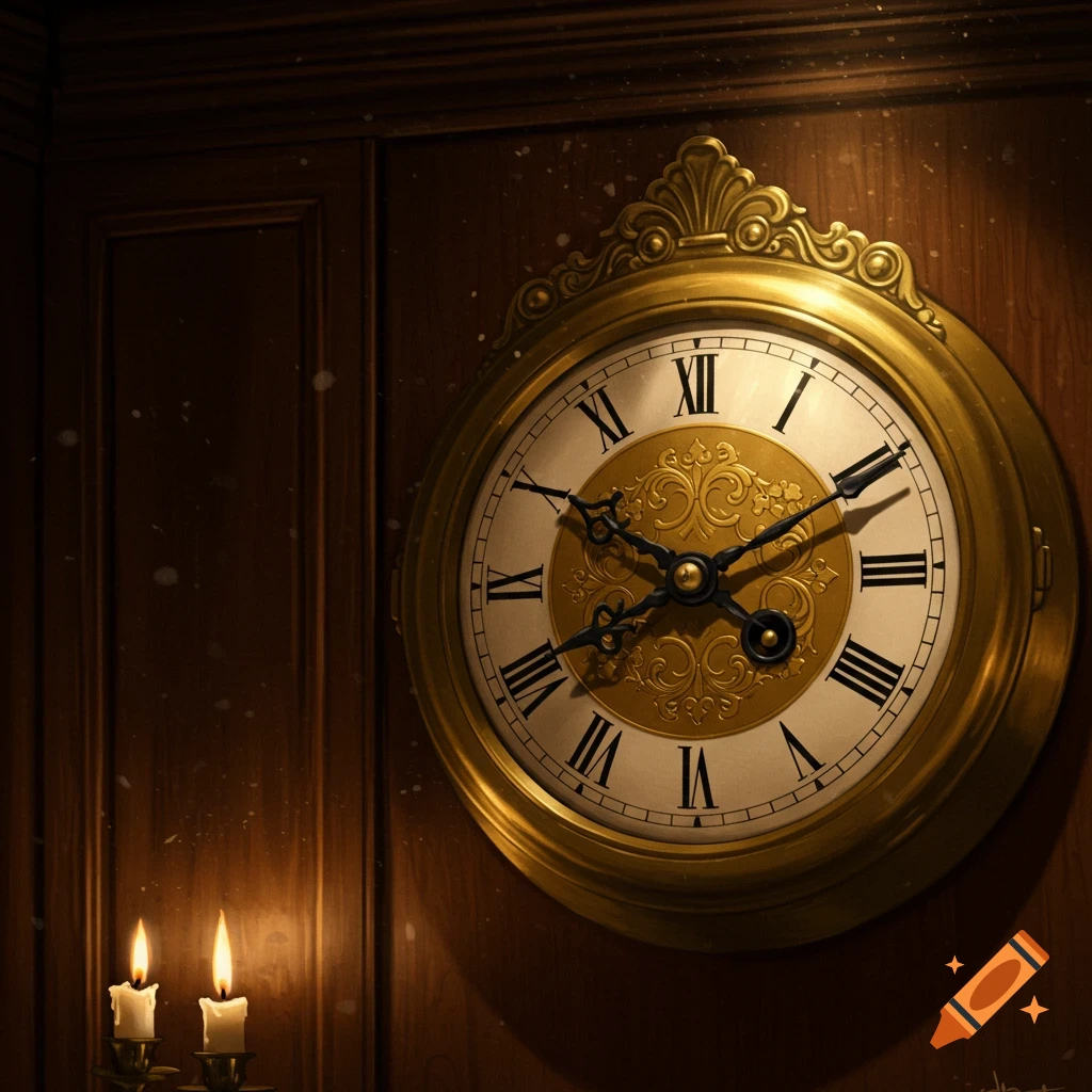 A vintage golden wall clock with Roman numerals sits on dark wooden paneling, illuminated by two lit candles below.