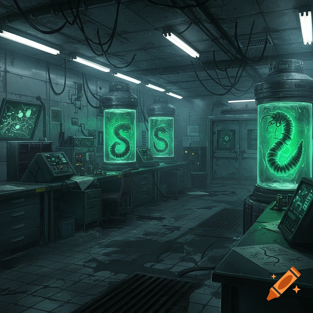 A dark, abandoned sci-fi laboratory with glowing green tanks containing large, segmented space worms. Control panels and wires fill the room.