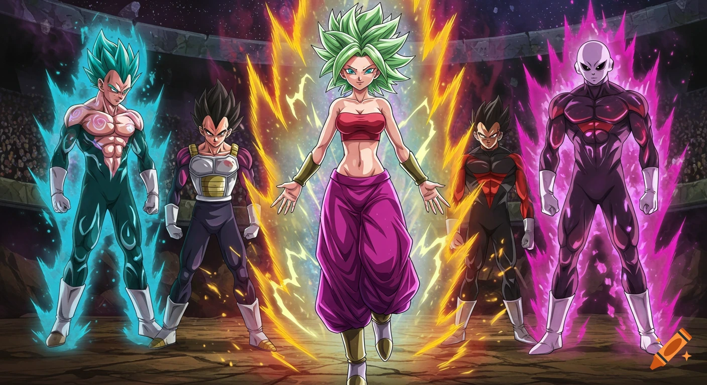 Kefla powers up centrally in an anime battle arena, flanked by Dragon Ball characters Vegeta, another Saiyan, and Jiren.