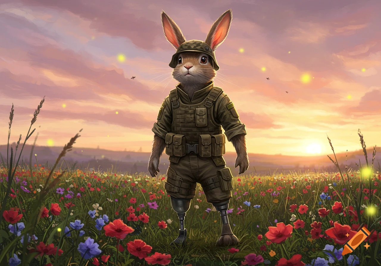 A soldier bunny wearing a military uniform and prosthetic legs stands in a field of colorful flowers at sunset, digital art.