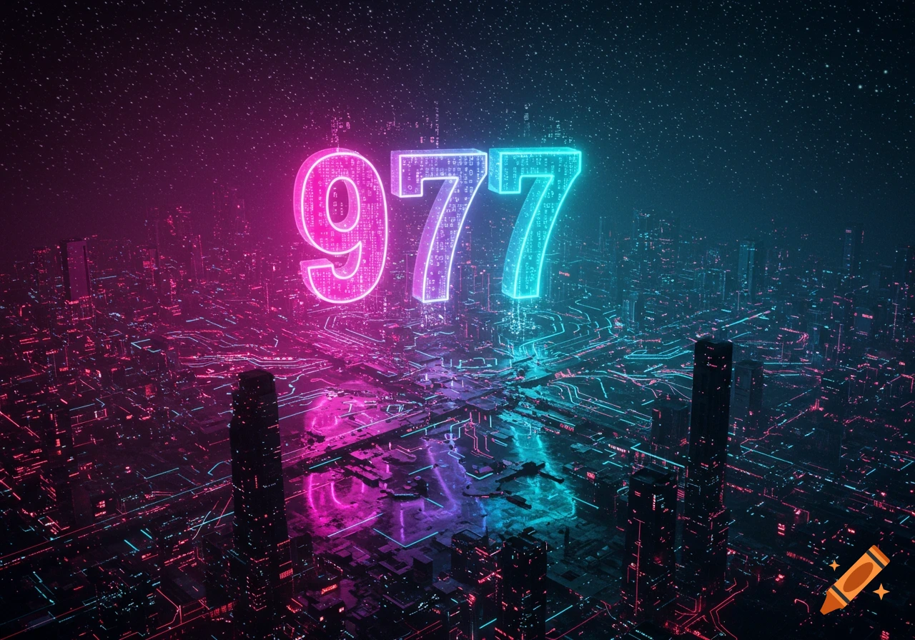 Glowing number 977 hovers above a futuristic neon-lit city at night, reflecting in the urban landscape.