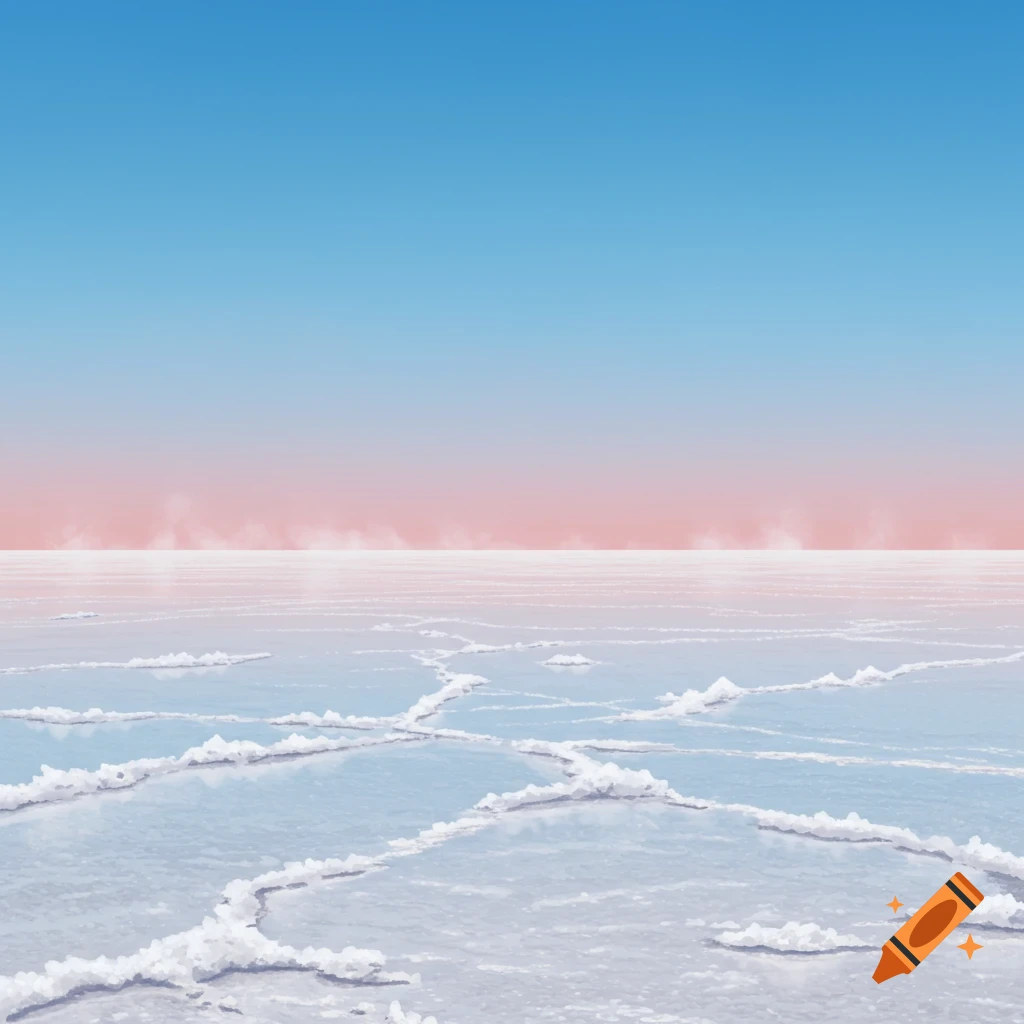 Vast salt flats with a cracked, icy surface under a gradient sky transitioning from blue to pink.