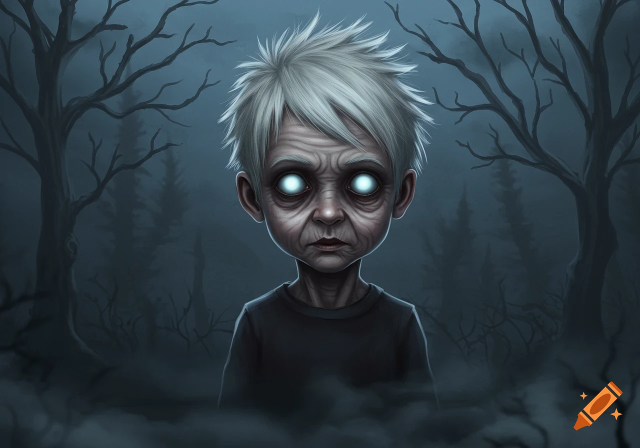 Digital illustration of a creepy child with white hair, wrinkled face, and glowing white eyes in a dark, misty forest.