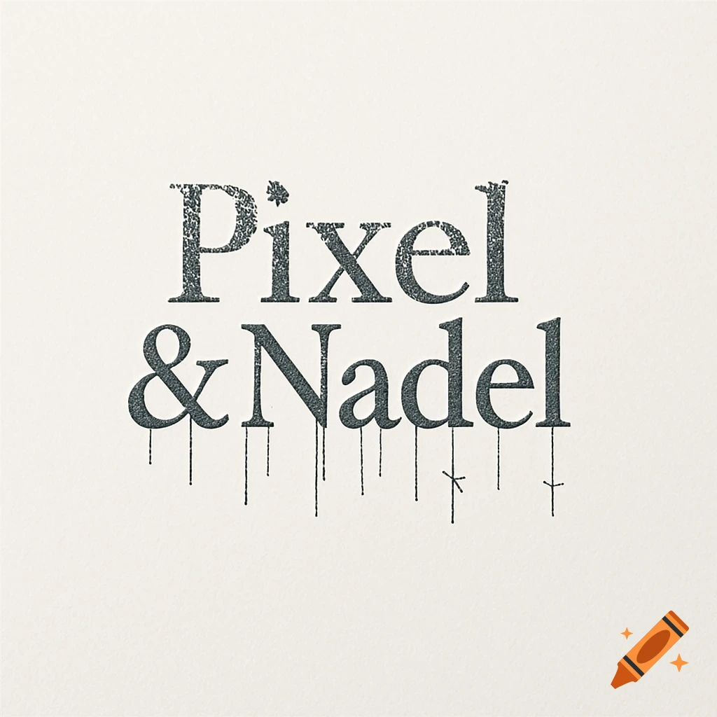 Logo for 'Pixel & Nadel' with distressed, dark grey serif text, the '& Nadel' part featuring dripping ink effects, on a light cream background.