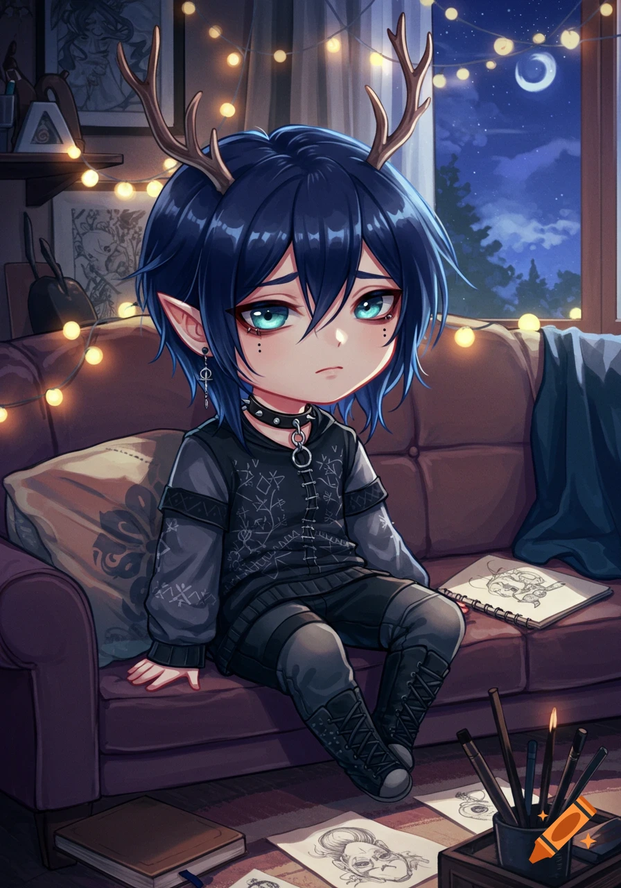 A cute emo anime boy with small deer horns and blue hair sits sadly on a couch indoors at night, surrounded by string lights and art supplies.