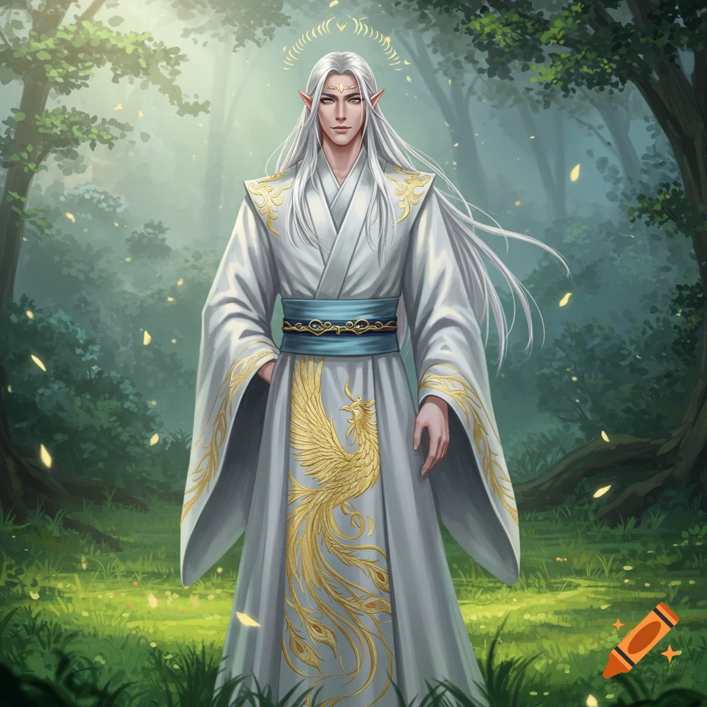 A long silver-haired male elf with silver eyes wearing a white kimono with a gold phoenix embroidery, standing in a forest, digital art.