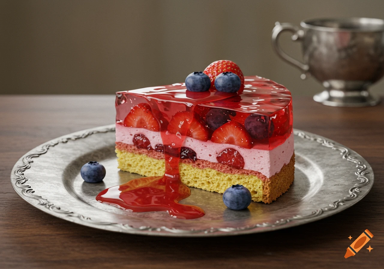 A photorealistic slice of strawberry and blueberry jelly cake on an antique silver plate, with strawberry sauce dripping.