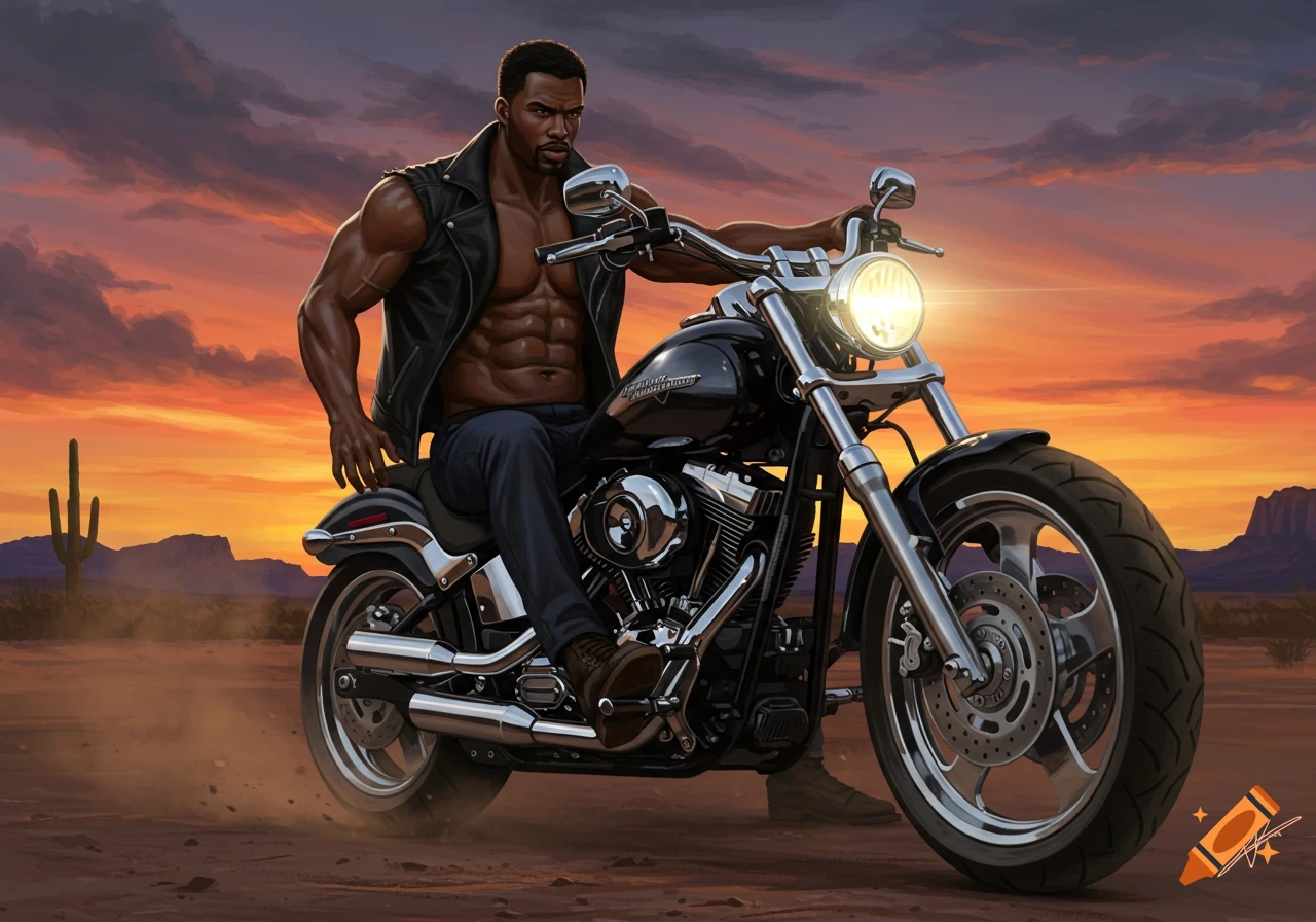 Muscular Black man in a leather vest and jeans rides a black motorcycle through a desert landscape at sunset, with a cactus in the background. Digital art.