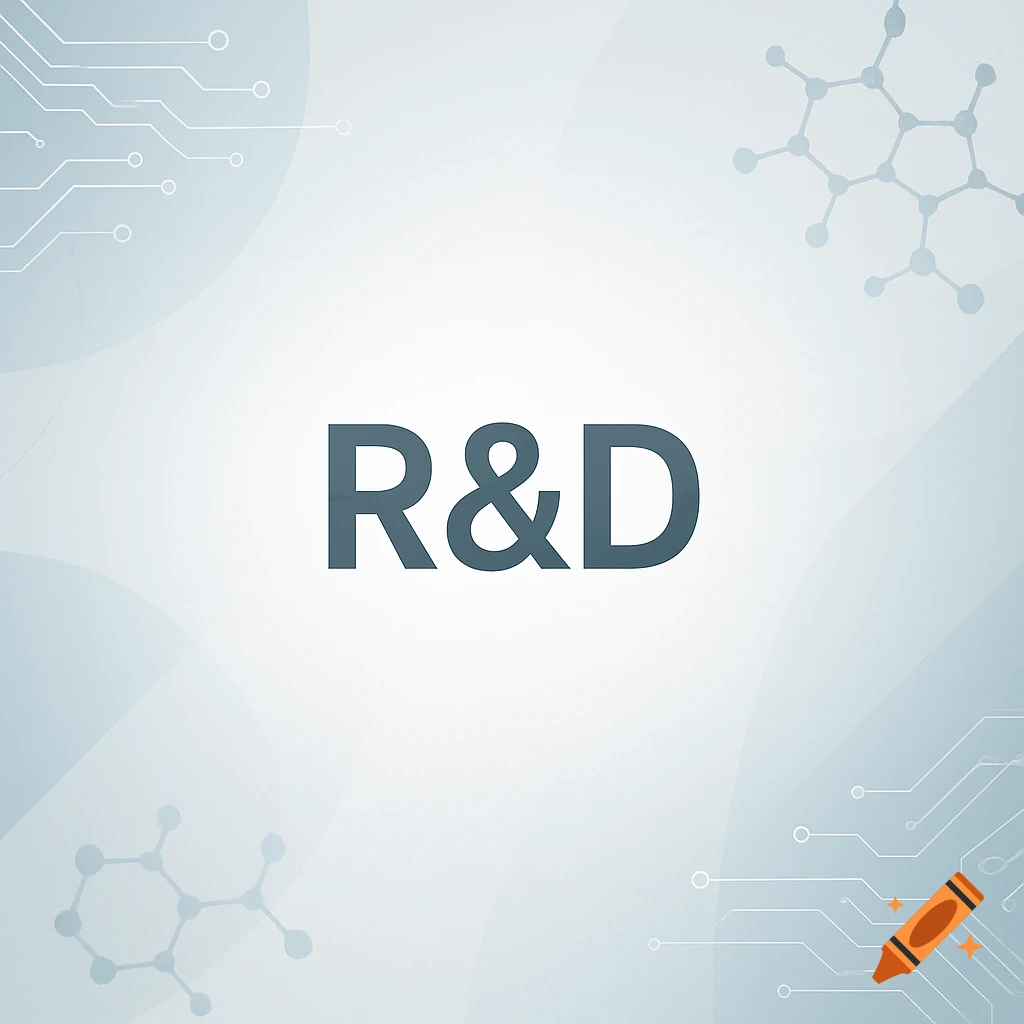 Light gray background with 'R&D' text, stylized circuits, and molecular structures.