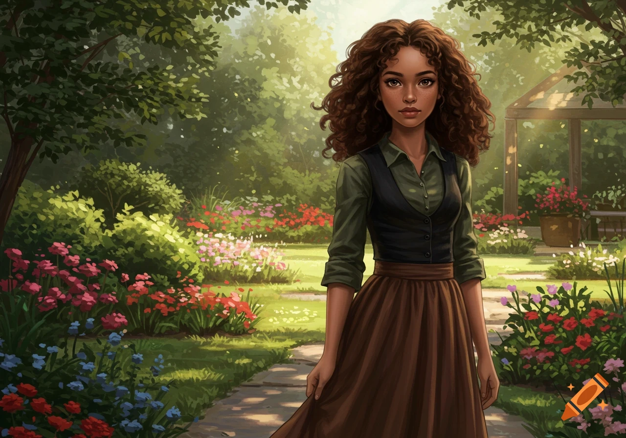 A young woman with curly brown hair stands in a vibrant, sunlit garden among colorful flowers, in a digital painting.