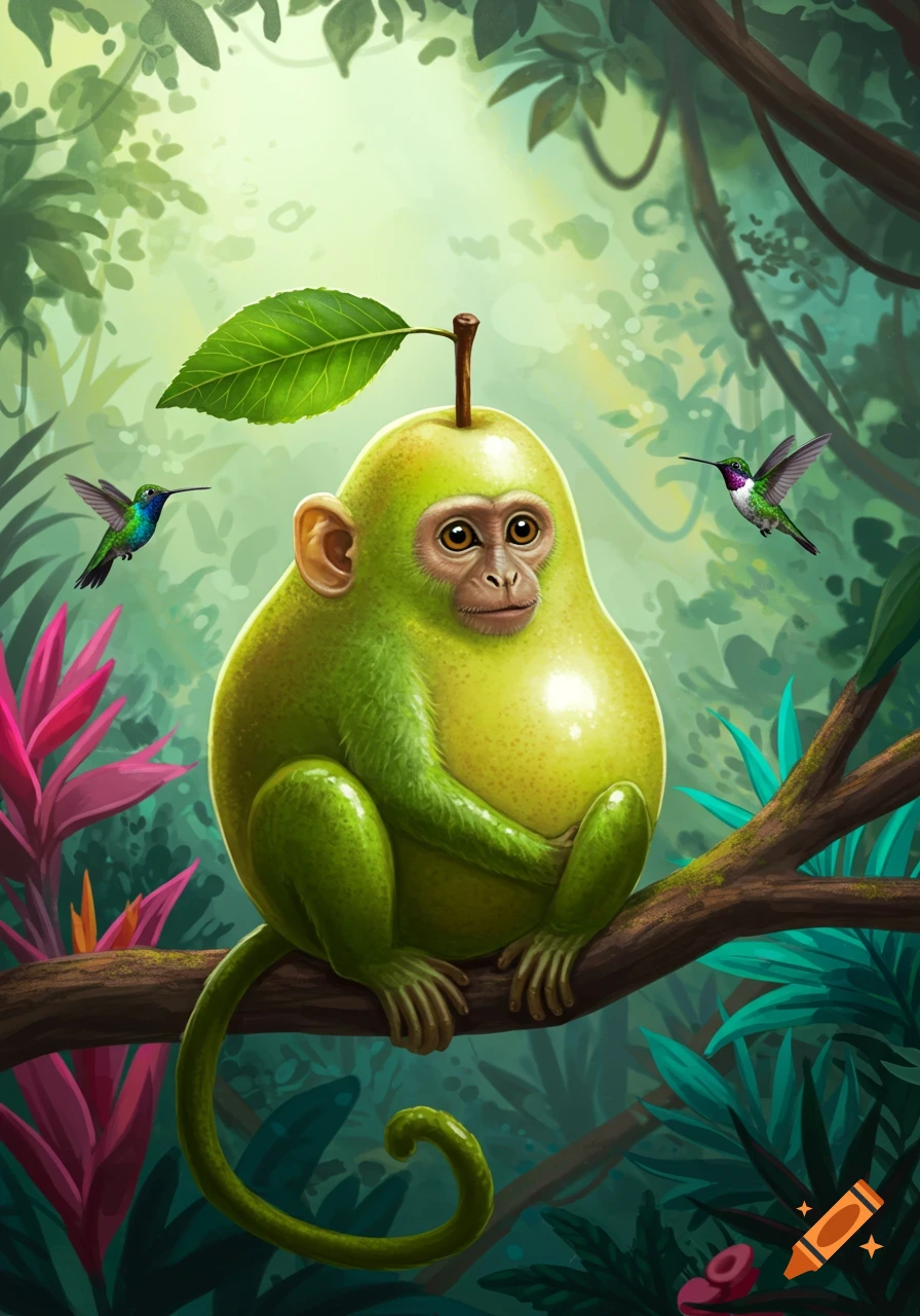 A whimsical green pear-monkey sits on a jungle branch with two hummingbirds in a vibrant, stylized illustration.