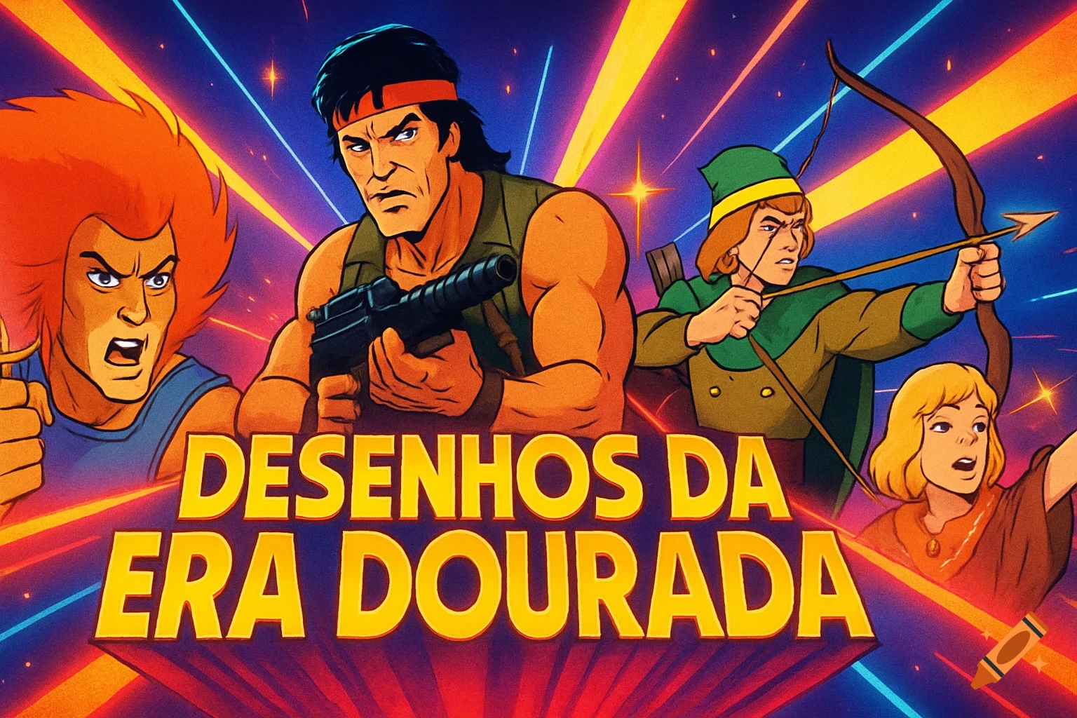 Vibrant retro cartoon banner featuring classic 80s/90s animation characters like Lion-O and Rambo, with 'Desenhos da Era Dourada' text.