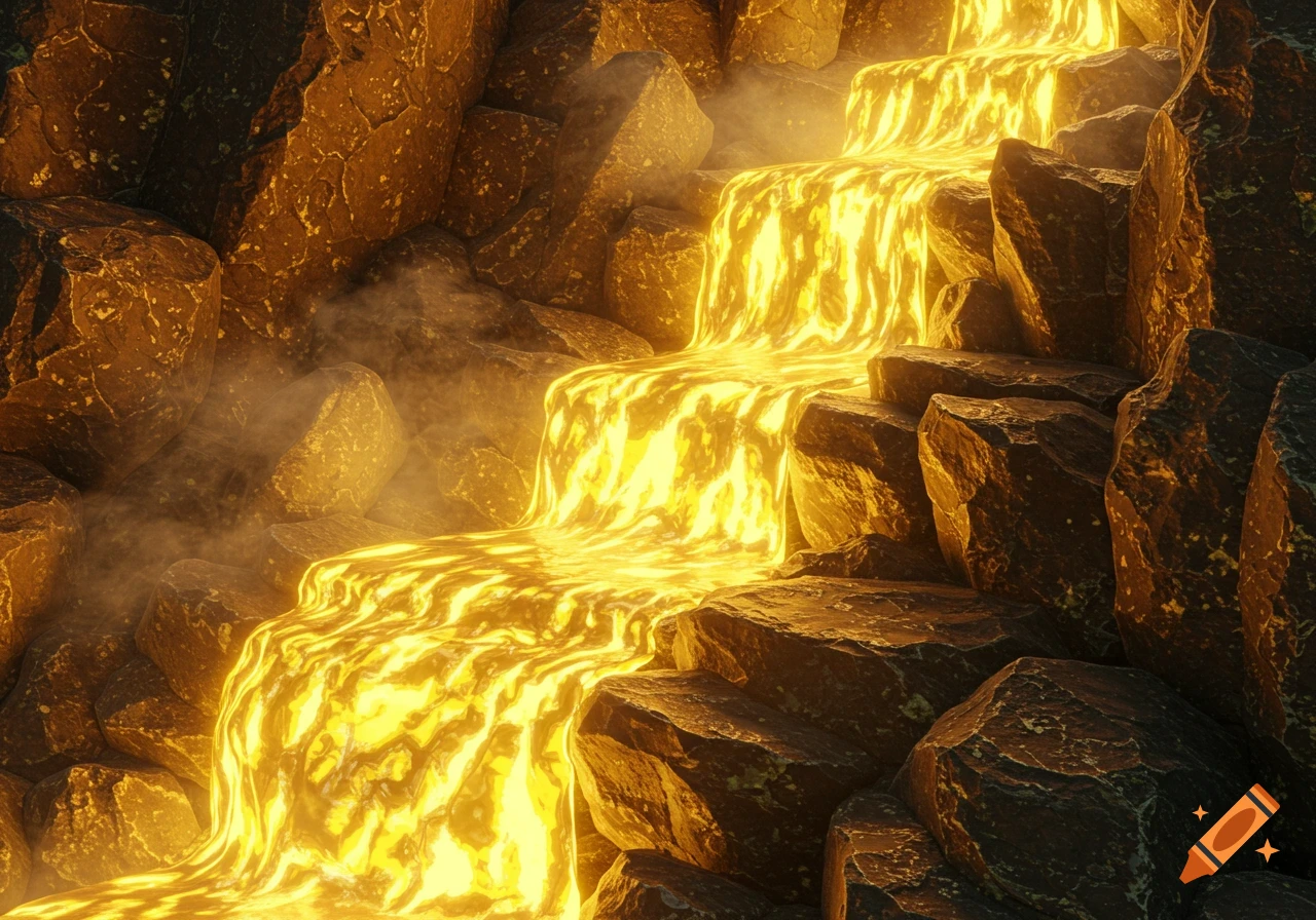 Glowing golden lava cascades down a tiered waterfall over dark, jagged rocks with wisps of steam.