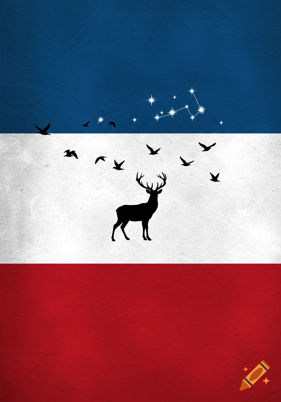 A textured flag with blue, white, and red horizontal stripes, featuring a black deer silhouette, flying birds, and white star constellations.