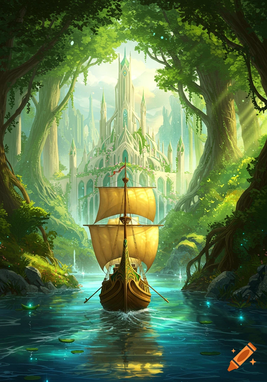 A boat sails on a sparkling river through a lush green forest towards a white, ornate elven city under a bright sky, digital painting.