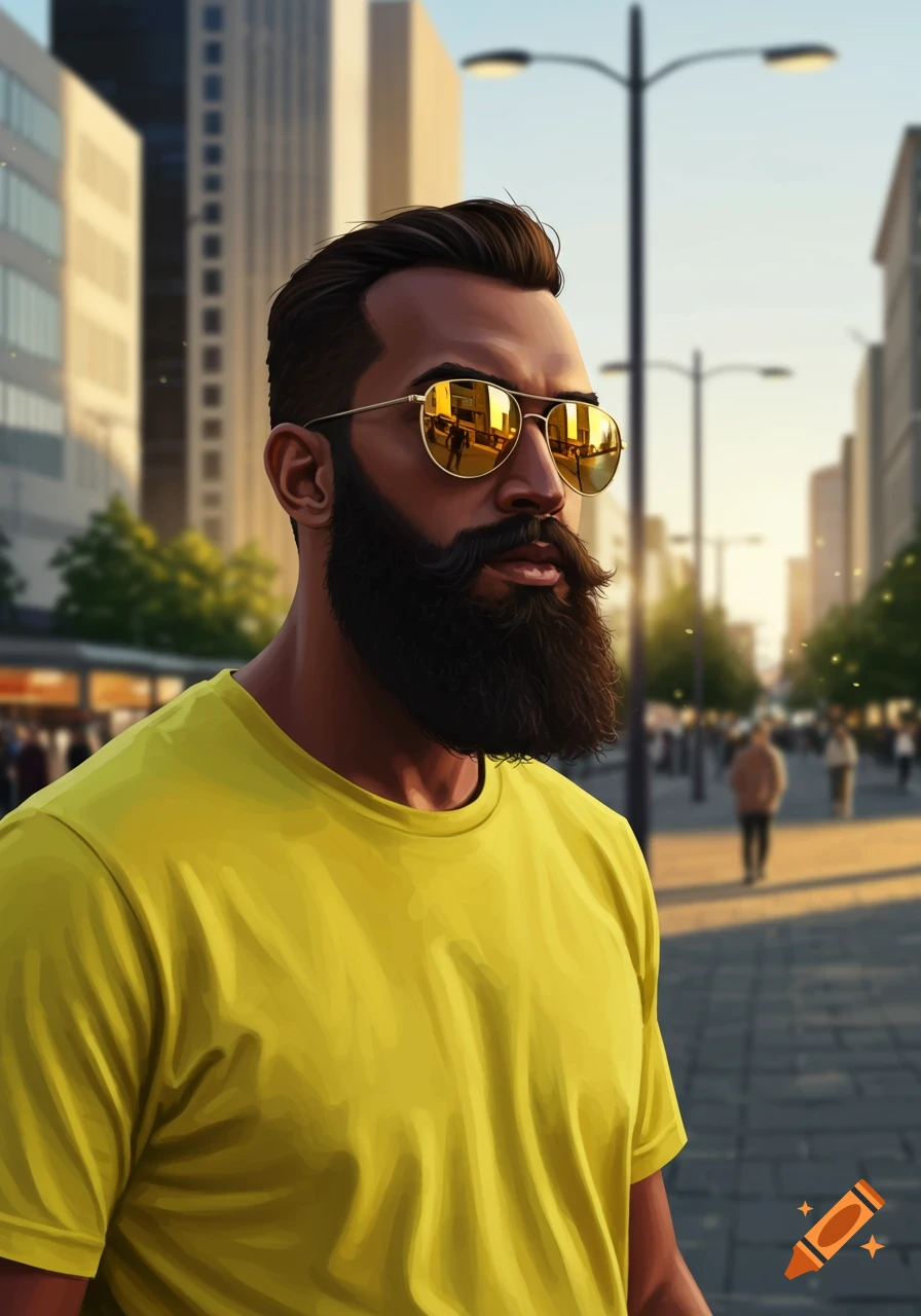 A bearded man in a yellow t-shirt and reflective sunglasses stands on a city street at sunset, digital art.