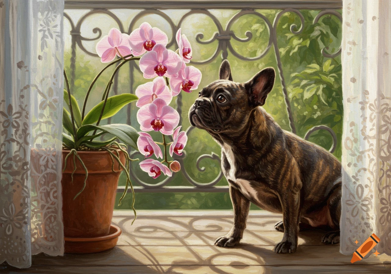 A brindle French bulldog sits on a window sill, looking up at a cluster of pink orchids, painted in an artistic style.