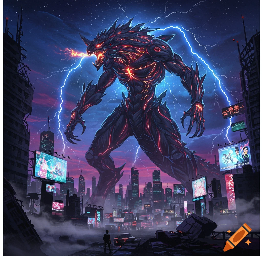 A huge, glowing black monster breathes fire, surrounded by lightning in a ruined neon city at night, in an anime style.