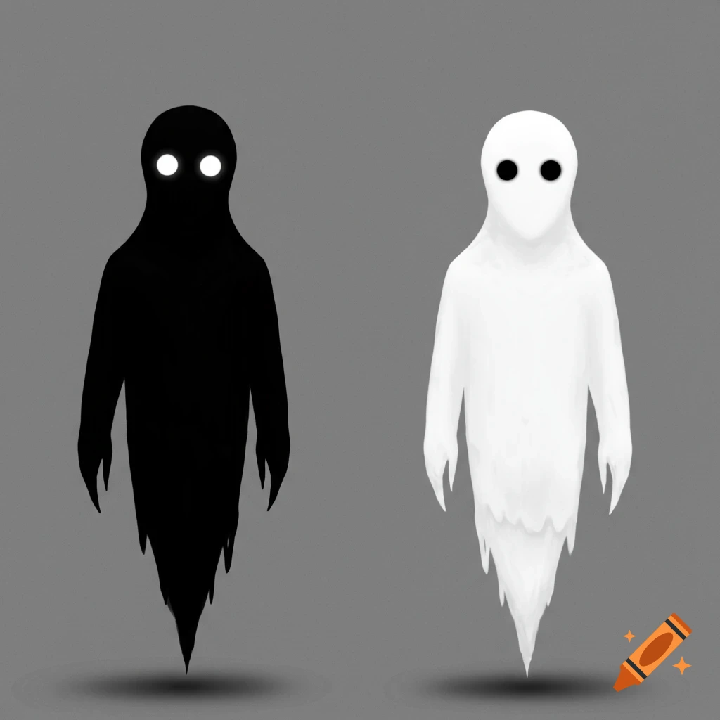 Two abstract, ghost-like figures, one black with white eyes and one white with black eyes, stand against a gray background.