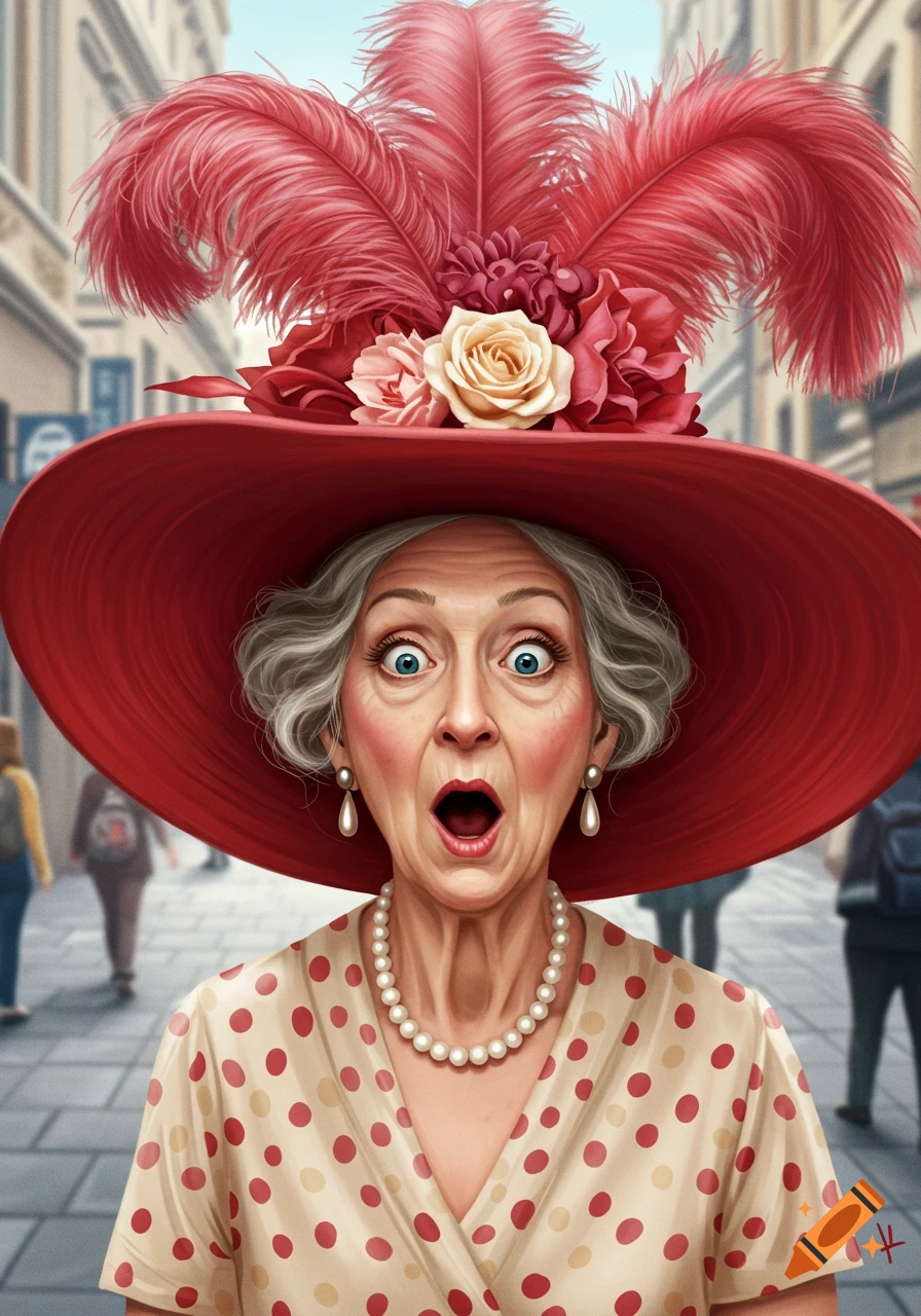Humorously shocked older woman with a large feathered red hat, polka dot dress, and pearl necklace in an illustrative style.