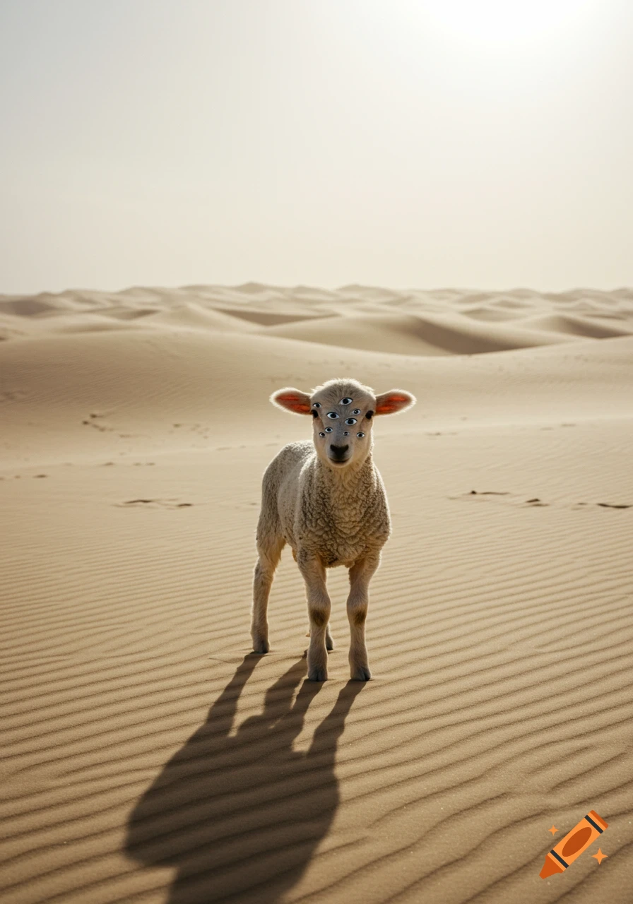 A multi-eyed lamb stands alone in a vast, sunny desert with rippled sand dunes.