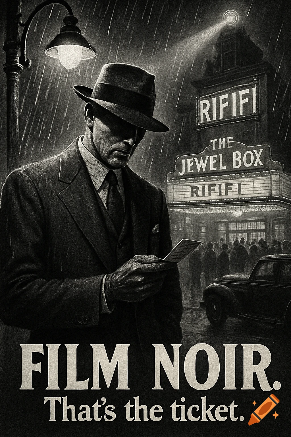 Black and white film noir drawing of a man in a hat in the rain, looking at a ticket. A movie theater is in the background.