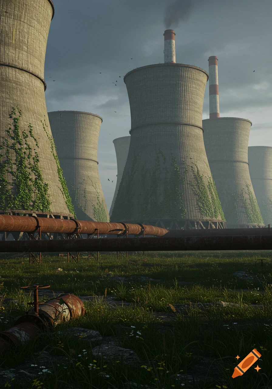Photorealistic image of a decommissioned power station with multiple concrete cooling towers, rusted pipes, and overgrown green grass under a cloudy sky.