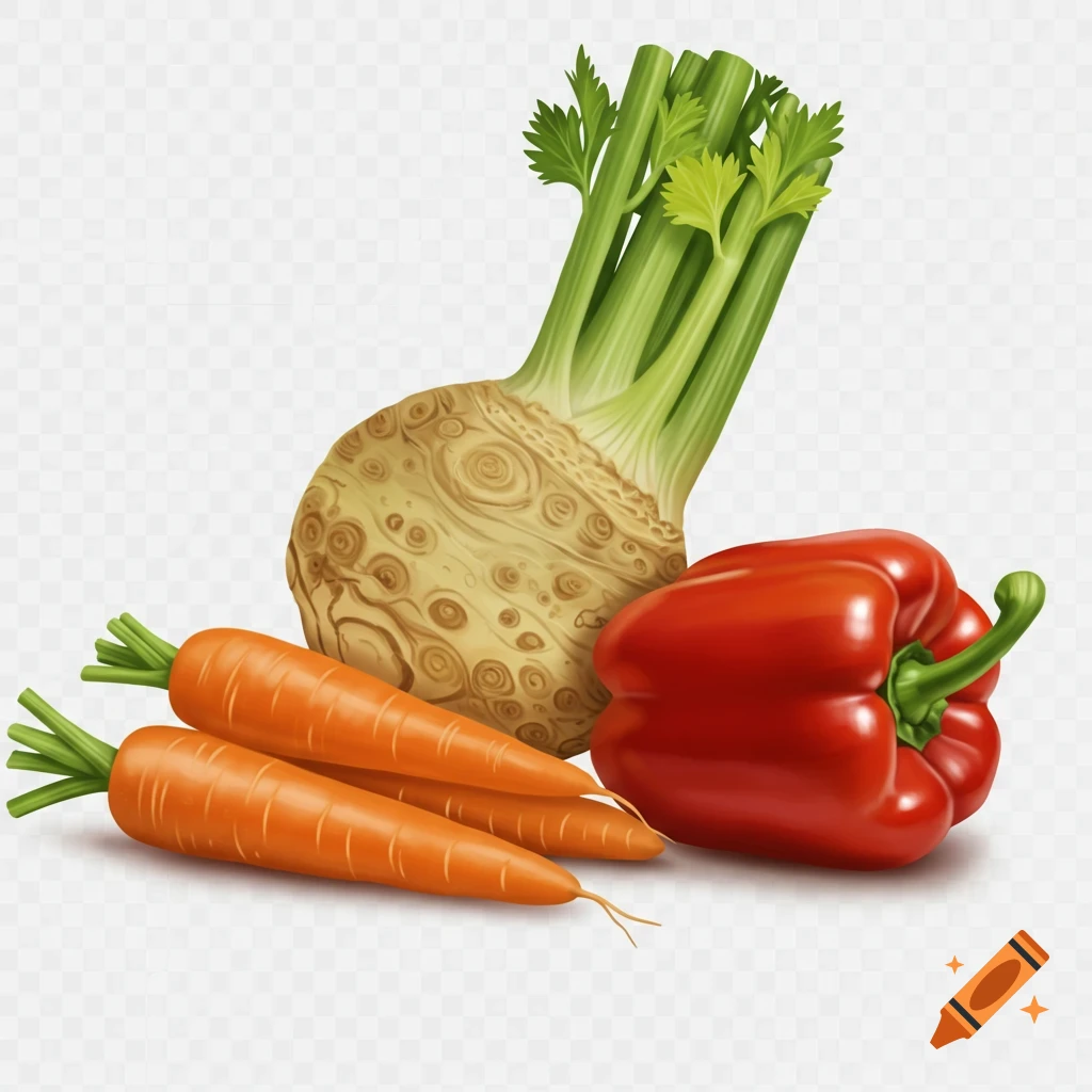 Digital illustration of three carrots, a celery root, and one red bell pepper arranged on a transparent background.