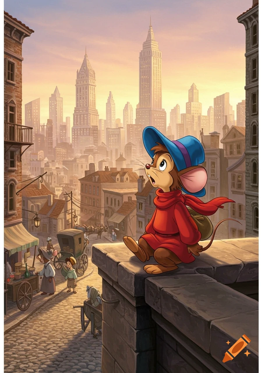 A brown cartoon mouse in a red shirt and blue hat sits on a stone ledge overlooking a bustling city street with distant skyscrapers at sunset.
