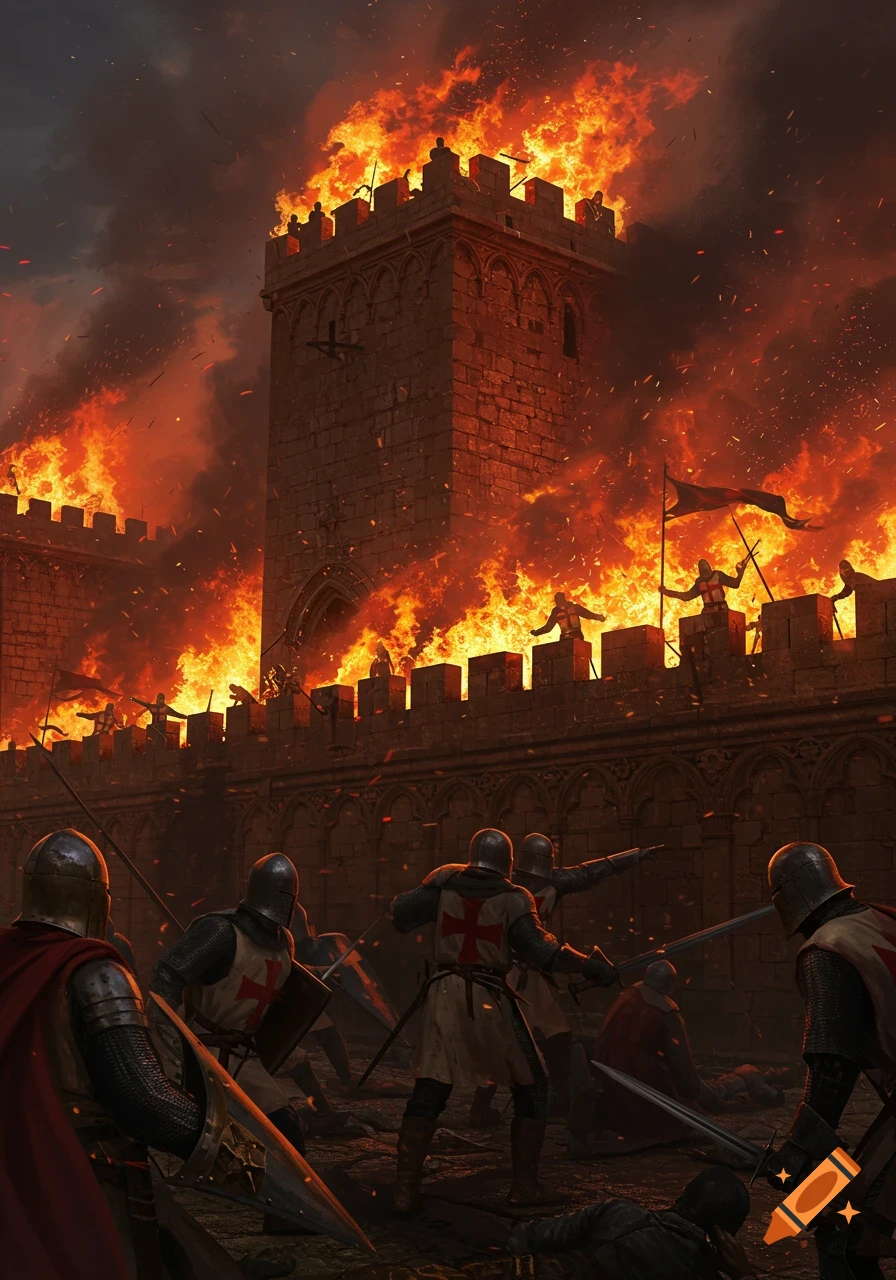 Knights battle in front of a towering castle engulfed in flames at dusk, a scene of medieval warfare.