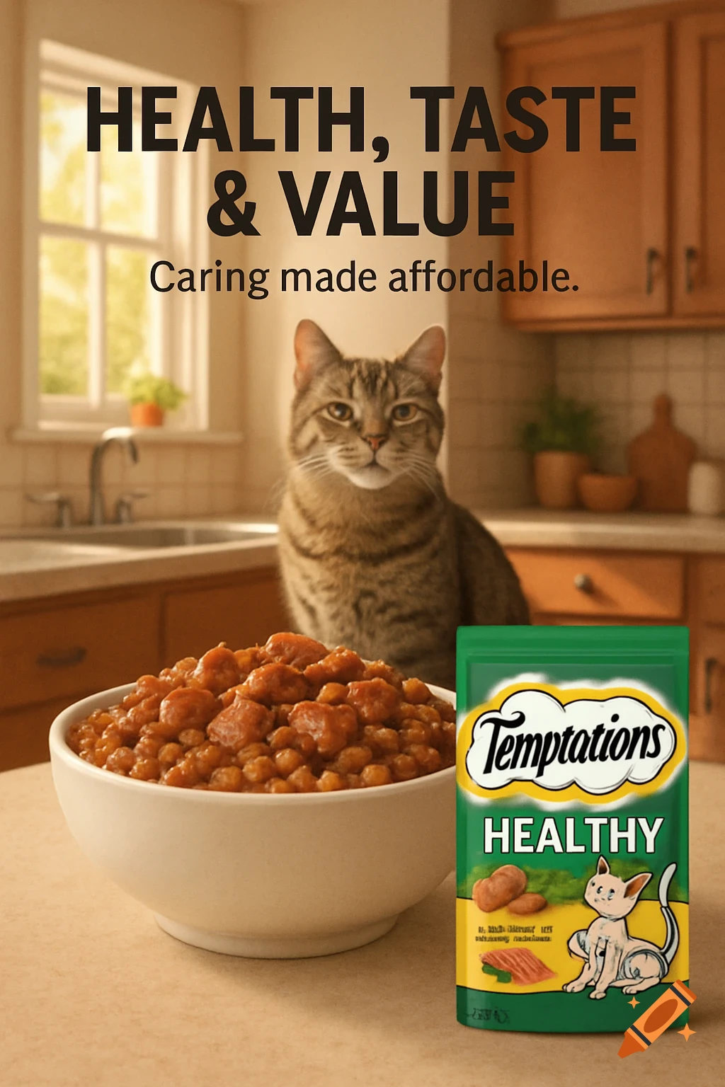 A tabby cat sits behind a large white bowl of cat food next to a green Temptations cat food pouch, with ad text in a kitchen.