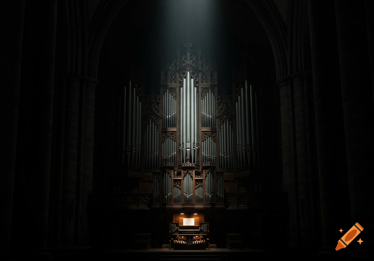 A grand, dark gothic pipe organ in a vast, dimly lit cathedral, illuminated by a single beam of light from above.