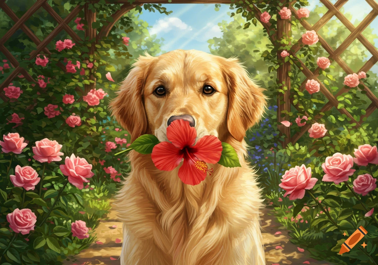 Golden Retriever dog holds a red hibiscus flower in its mouth, surrounded by pink roses in a lush garden.