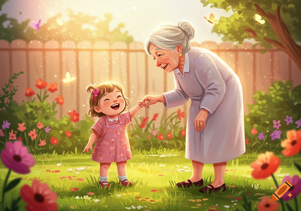 A happy cartoon grandmother and toddler hold hands in a sunny garden with flowers and butterflies.