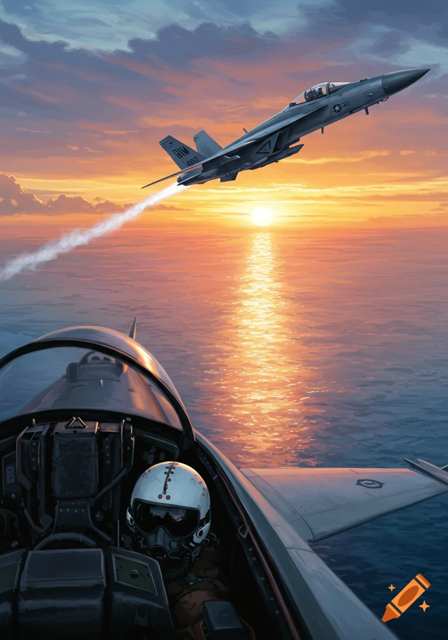 A view from a fighter jet cockpit, showing another jet flying into a vibrant orange sunset over the ocean.