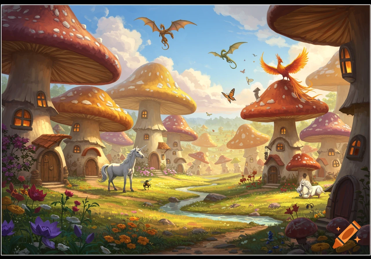 A vibrant fantasy landscape with mushroom houses, unicorns, dragons, butterflies, and a phoenix under a blue sky.