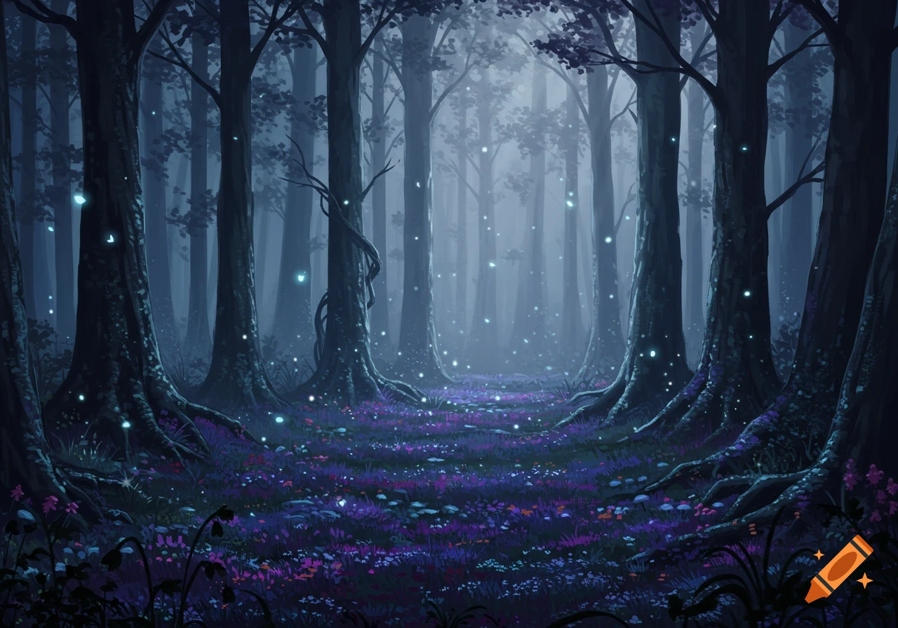 A magical forest at night with tall dark trees, glowing particles, and purple flowers covering the ground.