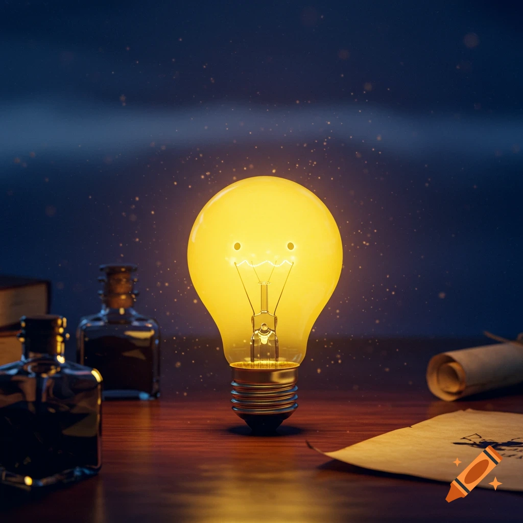A bright yellow light bulb with a happy face glows on a wooden desk against a dark, sparkling background.