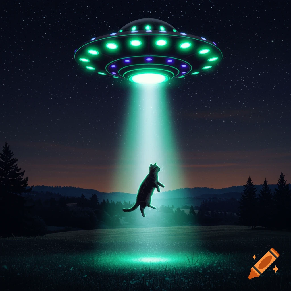 A tabby cat levitates in a bright green beam of light from a UFO hovering over a dark field at night.