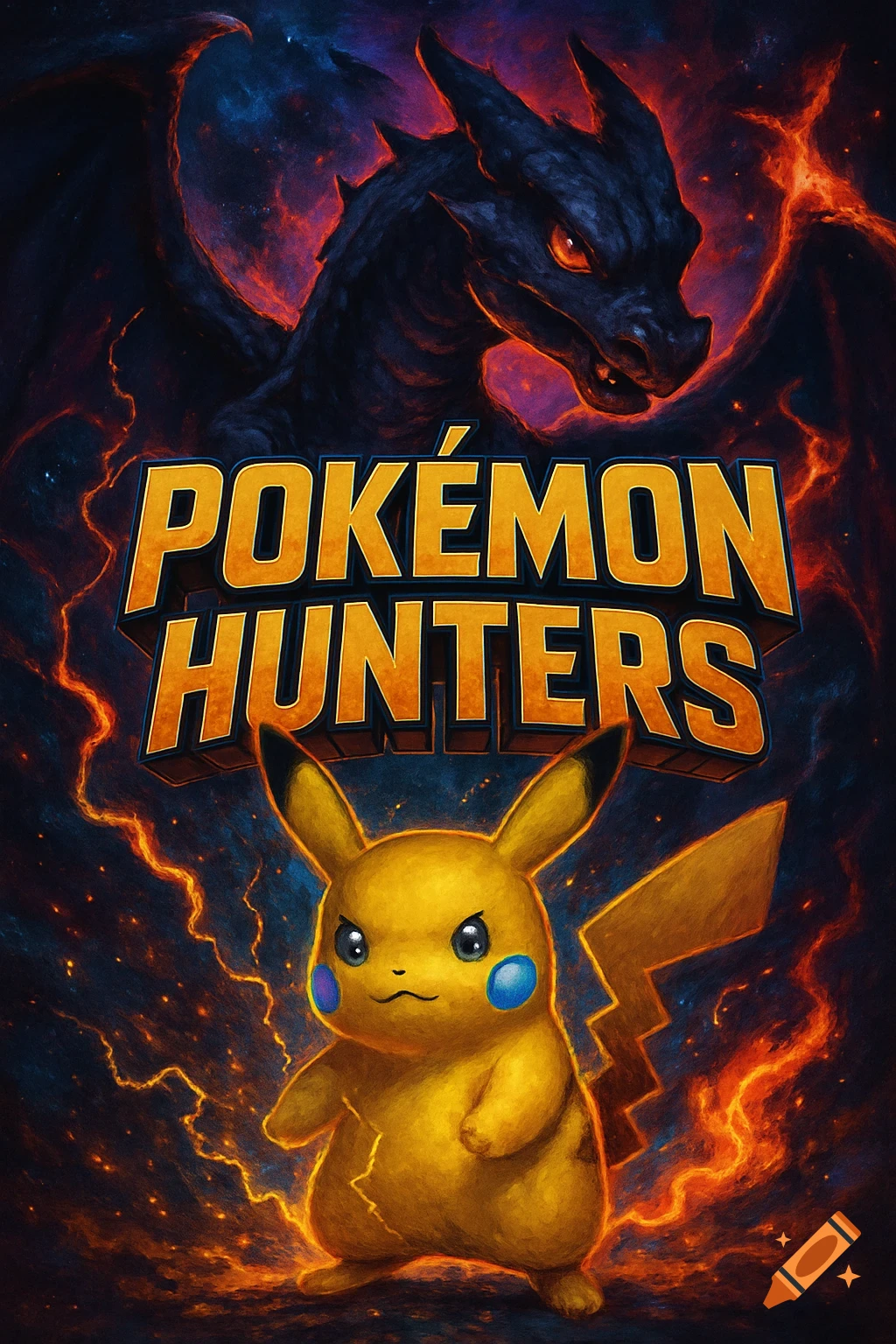 Pikachu stands below a dark Charizard with fiery background, and the text 'POK MON HUNTERS'.