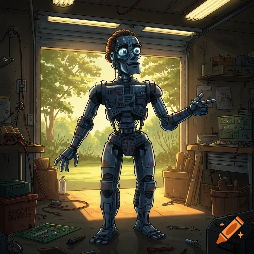 A cartoon-style robot, reminiscent of Johnny Number Five, stands in a cluttered garage, pointing to the right.