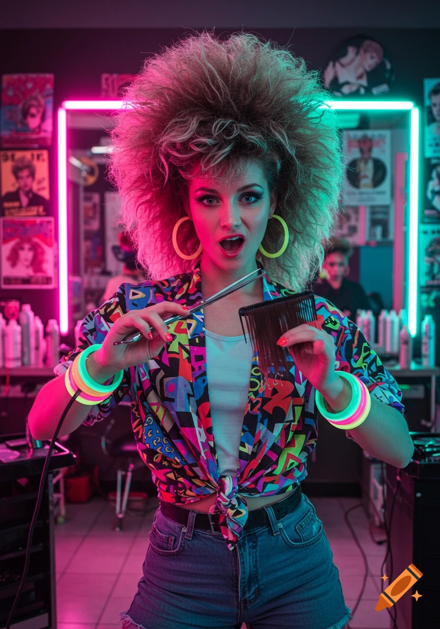 A woman with large 80s-style hair, neon makeup, and a vibrant geometric shirt holds scissors and a comb in a pink and blue lit hair salon.