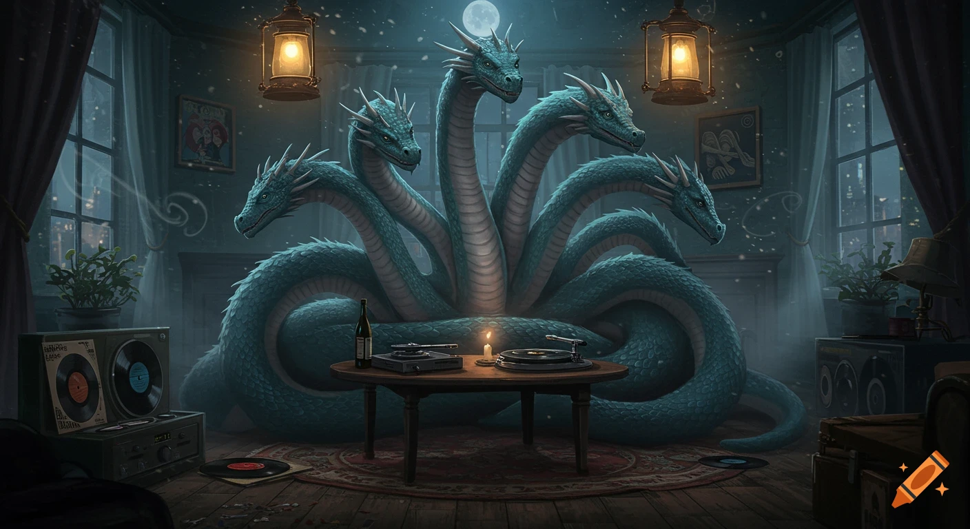 A multi-headed hydra lounges in a dimly lit room with a record player, bottle, and candle on a table, under a full moon.